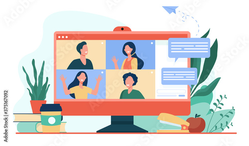 Desktop with virtual meeting or videoconference isolated flat vector illustration. Cartoon people on computer screen talking with colleagues online. Collective chat and digital technology concept