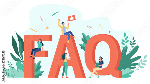 Giant FAQ and tiny people flat vector illustration. Cartoon users asking questions and getting help in problem. Useful instructions and information concept