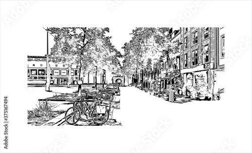 Building view with landmark of Arnhem is a city and municipality situated in the eastern part of the Netherlands. Hand drawn sketch illustration in vector.