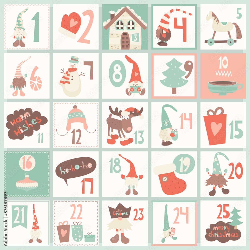 Advent calendar with cite scandinavian gnomes in retro style. Vector illustration.