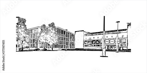 Building view with landmark of Arnhem is a city and municipality situated in the eastern part of the Netherlands. Hand drawn sketch illustration in vector.