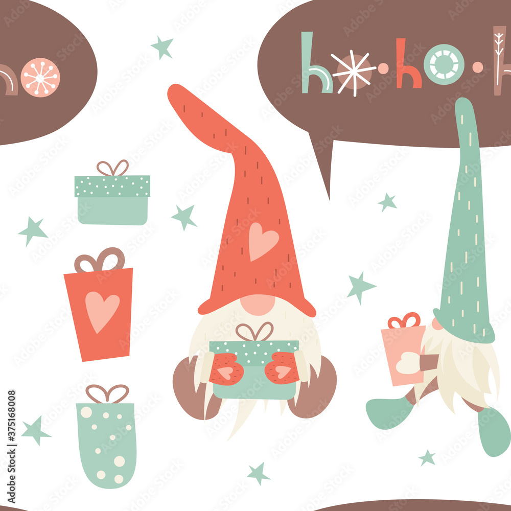 Christmas seamless pattern for holiday design and X-mas goods. Scandinavian style. Christmas gnomes with gifts. Vector illustration. Pattern is cut, no clipping mask.
