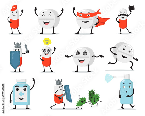 Cute pills and tablets flat illustration set. Cartoon medical characters fighting against viruses isolated vector illustration collection. Medicine and mascot concept