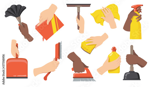 Hands holding cleaning tools flat illustration set. Cartoon arms with broom, brush, scoop, bottle and rag isolated vector illustration collection. Household maintenance and cleanliness concept