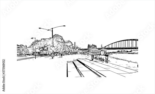 Building view with landmark of Arnhem is a city and municipality situated in the eastern part of the Netherlands. Hand drawn sketch illustration in vector.