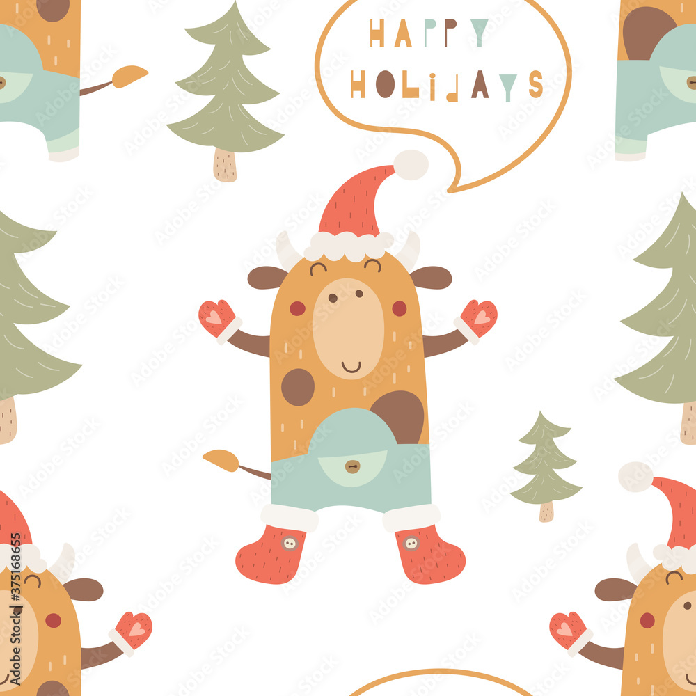 Cute Ox. Seamless pattern for Happy Chinese new year 2021 - funny bull and Christmas tree. Vector illustration. Lettering Happy Holiday. Great for wrapping paper, textile, packaging.