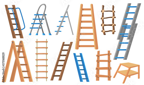 Metal and wooden ladders flat illustration set. Cartoon stepladders for builders and painters on white background isolated vector illustration collection. Construction and livestock farming concept