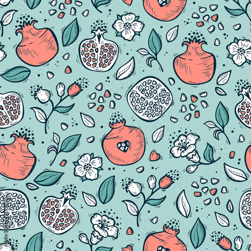 Vector Seamless pattern with Hand drawn Doodle Fruits. Pomegranate Fruit, Flowers and Leaves repeating background. Floral Wallpaper.
