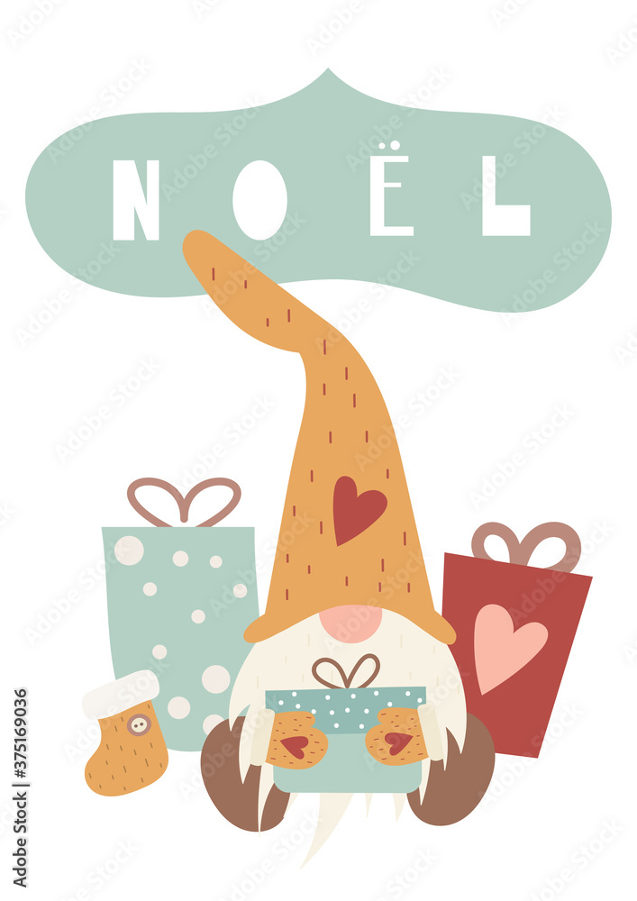 Christmas greeting card in scandinavian style. Cute gnome with gift boxes on white background. Vector Illustration. Kids illustration for DIY, greeting card, wrapping paper. Lettering Noel. Christmas greeting card in scandinavian style. Cute gnome with gift boxes on white background. Vector Illustration. Kids illustration for DIY, greeting card, wrapping paper. Lettering Noel.