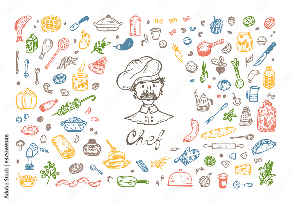Cooking. Vector Set for menu decoration. Hand drawn doodle Chef, Food and Kitchen utensils
