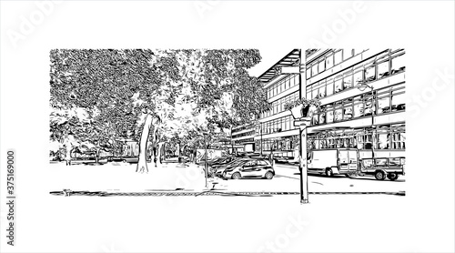 Building view with landmark of Arnhem is a city and municipality situated in the eastern part of the Netherlands. Hand drawn sketch illustration in vector.