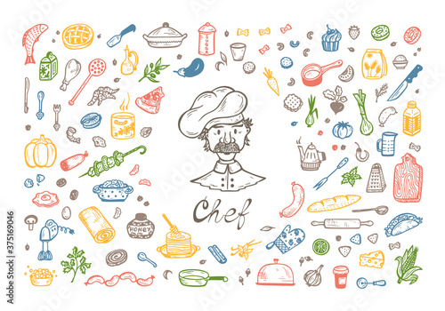 Cooking. Vector Set for menu decoration. Hand drawn doodle Chef  Food and Kitchen utensils 
