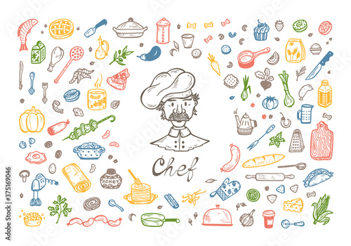 Cooking. Vector Set for menu decoration. Hand drawn doodle Chef, Food and Kitchen utensils 