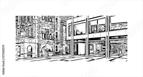 Building view with landmark of Arnhem is a city and municipality situated in the eastern part of the Netherlands. Hand drawn sketch illustration in vector.