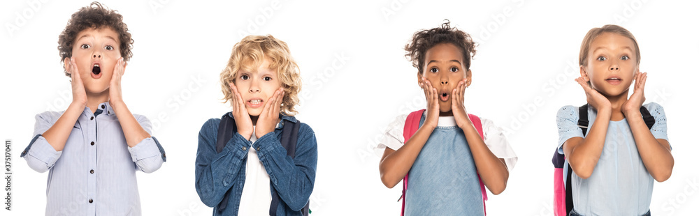 website header of shocked multicultural schoolgirls and schoolboys touching faces while looking at camera isolated on white website header of shocked multicultural schoolgirls and schoolboys touching faces while looking at camera isolated on white