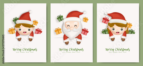 Set of Christmas cards and new year greeting cards with cute Santa clause ,elf and gift boxes.