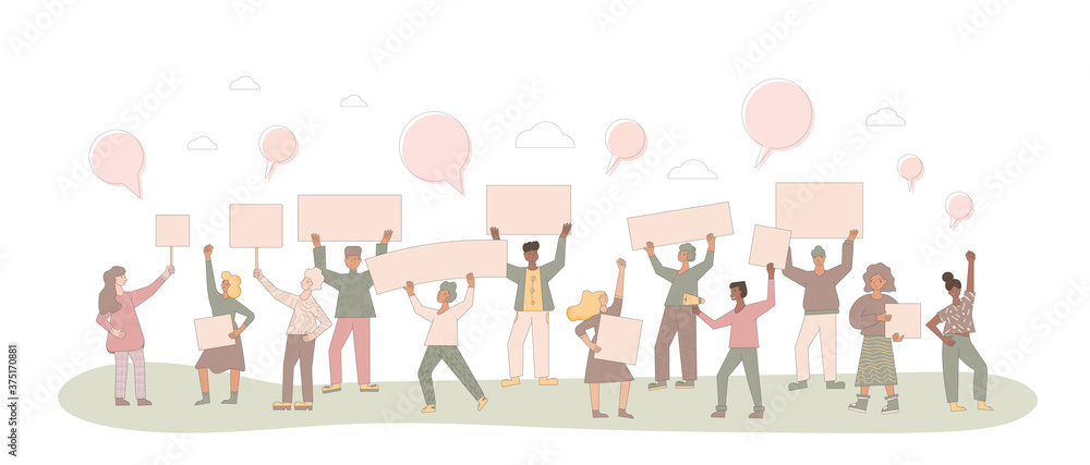 Fototapeta premium Protest. Group of men and women with banners.