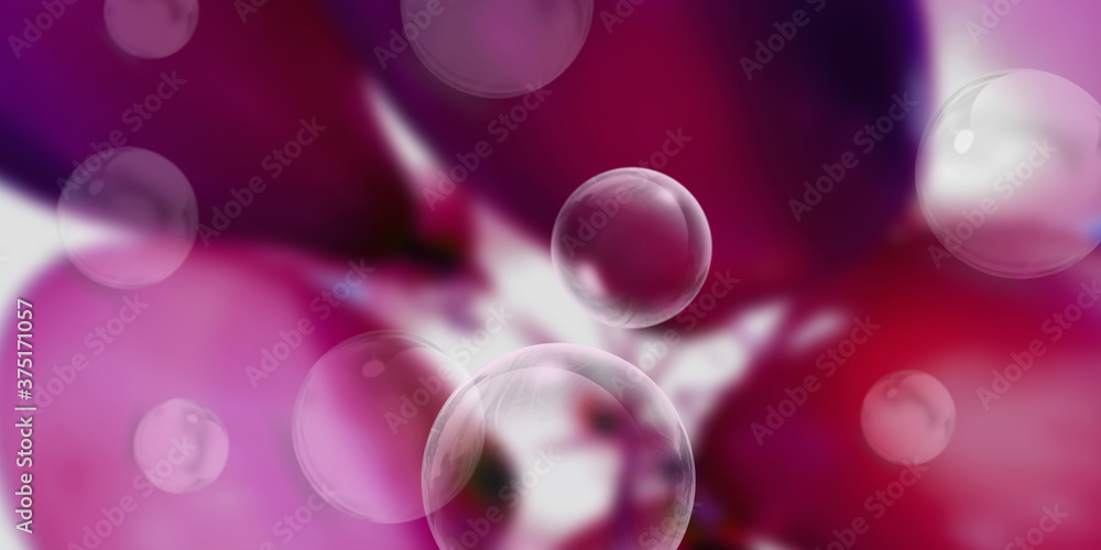 Soap bubbles in the air. Close-up. Red balloons in the background. 3D rendering