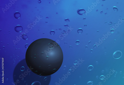 Black ball in the water. Water bubbles close-up. 3D rendering