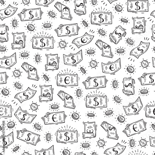 Money rain Vector Seamless pattern. Hand Drawn doodle Dollar and Euro Banknotes and Coins 