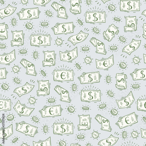 Money rain Vector Seamless pattern. Hand Drawn doodle Dollar and Euro Banknotes and Coins 