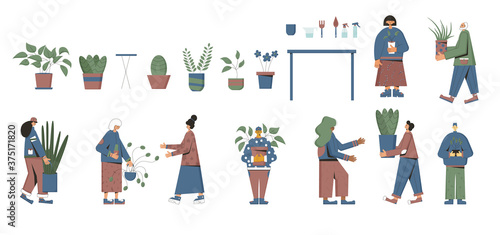 Plant lover. Man with indor flower pot. Vector photo