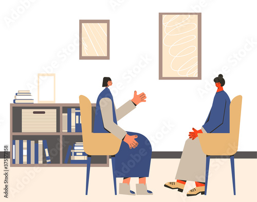 Mental health therapy session. Vector color flat.