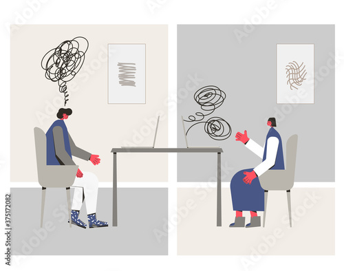 Mental health therapy session. Vector color flat.