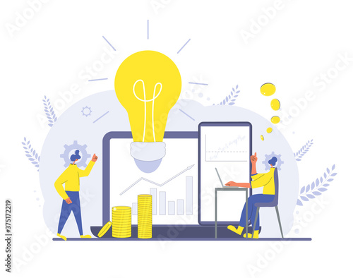 Man work with laptop. Vector flat design.