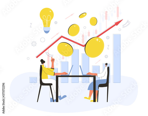 Man work with laptop. Vector flat design.