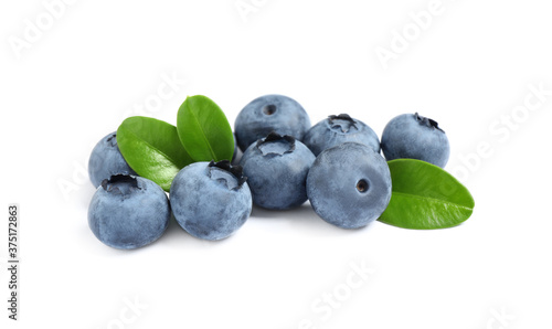 Fresh ripe blueberries with leaves on white background