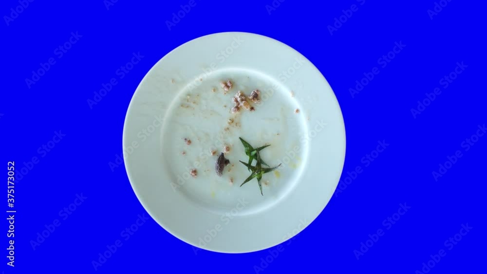 Leftover food, vegetable salad and fried eggs on a white rotating plate. View from above. Leftover food, vegetable salad and fried eggs on a white rotating plate. View from above.
