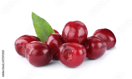 Tasty ripe red cherries with green leaf isolated on white