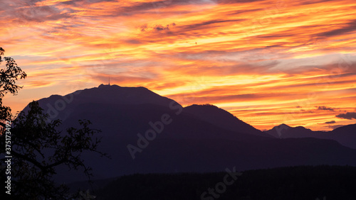 The  Dobratsch  massif at burning sunset