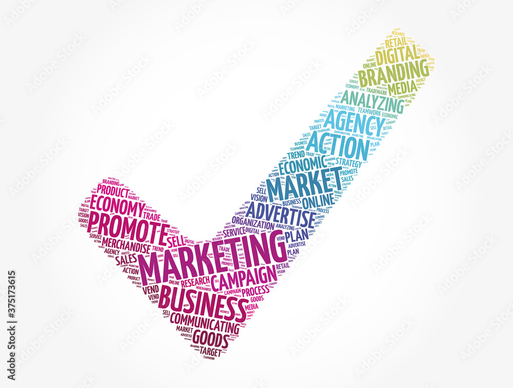 Marketing check mark word cloud, business concept background Marketing check mark word cloud, business concept background