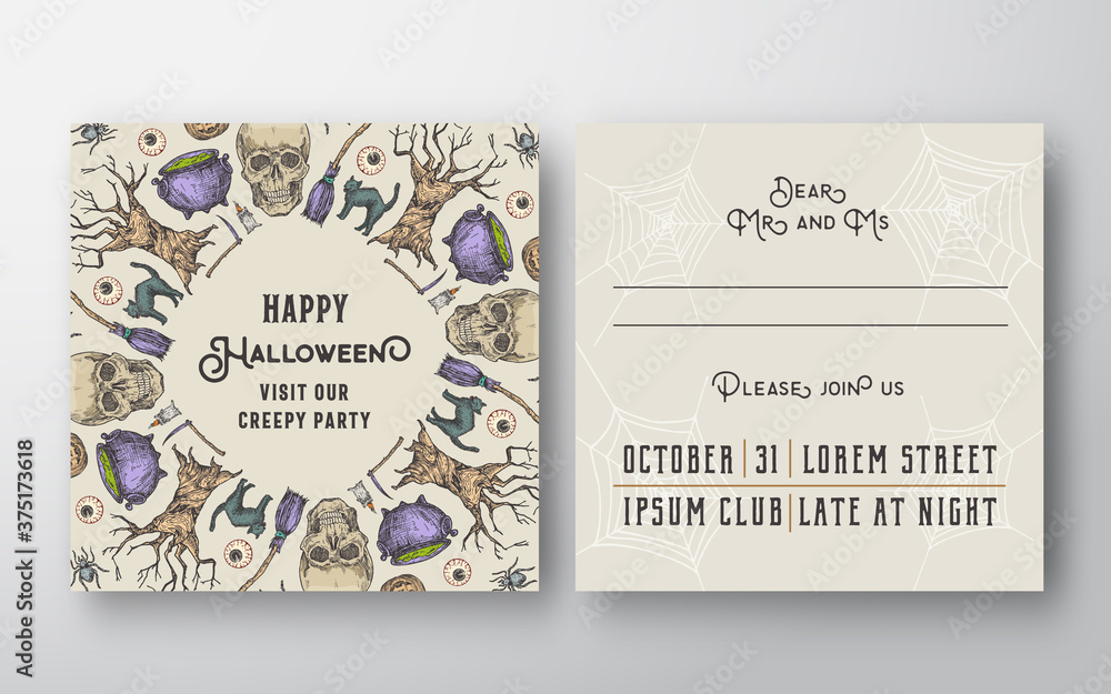 Halloween Abstract Vector Invitation Card Background Template. Back and Front Design Layout with Typography. Soft Shadows and Sketch Sculls, Cats, Scyth and Spooky Tree Illustrations Frame.