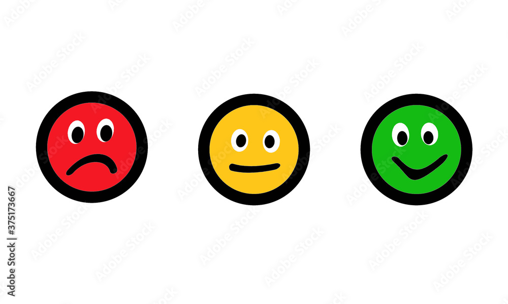 Feedback concept green yellow red icon isolated on white. Giving feedback rating & review happy, neutral, sad, bad face icons. Customer survey. Funny cartoon feedback icon - business question concept Feedback concept green yellow red icon isolated on white. Giving feedback rating & review happy, neutral, sad, bad face icons. Customer survey. Funny cartoon feedback icon - business question concept