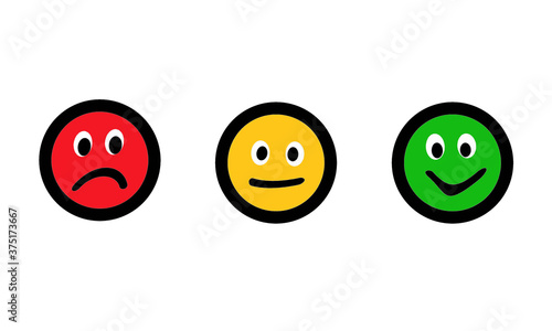Feedback concept green yellow red icon isolated on white. Giving feedback rating & review happy, neutral, sad, bad face icons. Customer survey. Funny cartoon feedback icon - business question concept