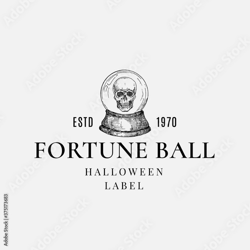 Premium Quality Halloween Logo or Label Template. Hand Drawn Magic Crystal Fortune Prediction Ball with Scull Sketch Symbol and Retro Typography.