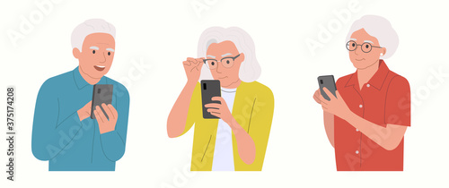 Different elderly people look into the smartphones. Vector flat cartoon style illustration