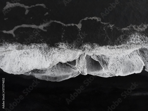 Abstract nature background. Aerial drone view of Reynisfjara Black Sand Beach and ocean waves in South Iceland near Vik village