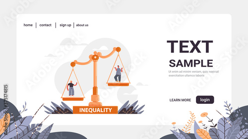 businessman and businesswoman on scales business corporate inequality concept gender male vs female unequal opportunities full length copy space horizontal vector illustration