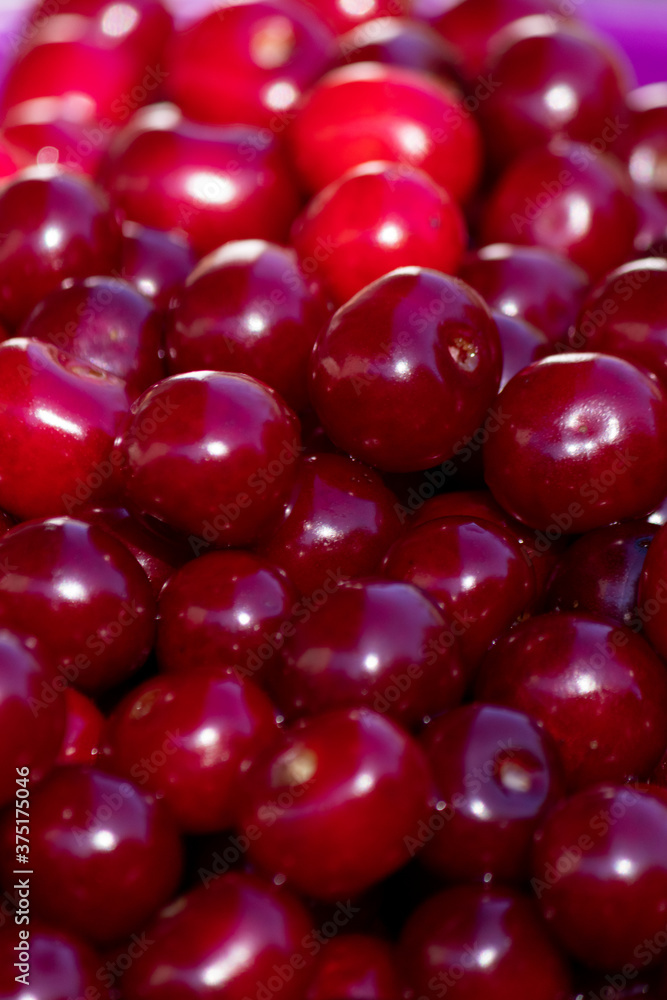 Background or texture of freshly picked red cherries. Various shades of red. Natural vitamins. Natural background. Background or texture of freshly picked red cherries. Various shades of red. Natural vitamins. Natural background.
