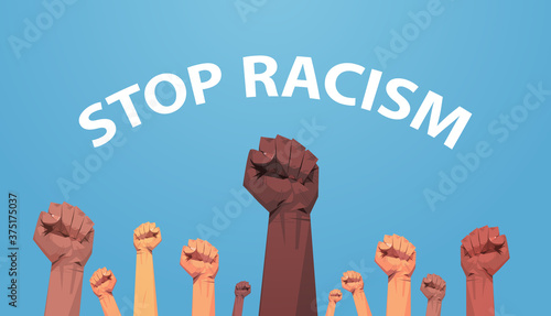 mix race activists holding raised up fists poster against racism and discrimination racial equality social justice concept horizontal vector illustration