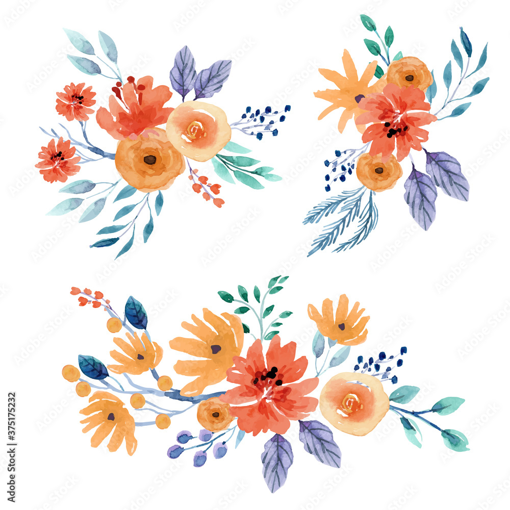 Ochre Watercolor Floral Arrangements Vector Set.