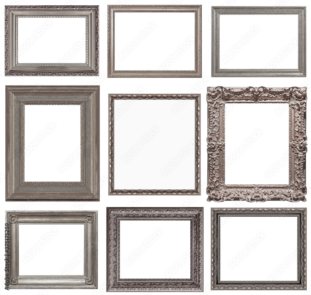 Set of silver frames for paintings, mirrors or photo isolated on white background Set of silver frames for paintings, mirrors or photo isolated on white background