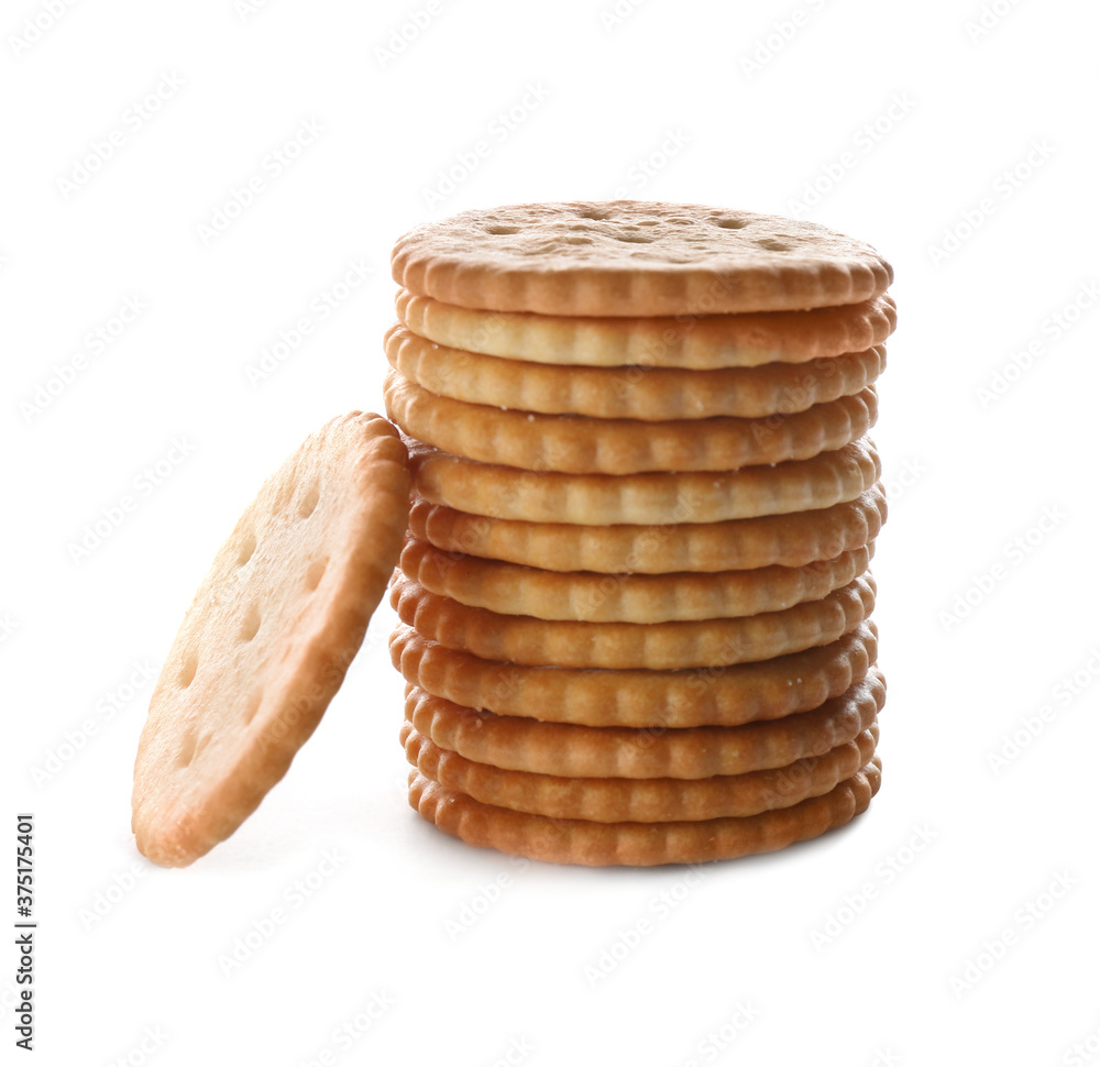 Stack of delicious crispy crackers isolated on white Stack of delicious crispy crackers isolated on white