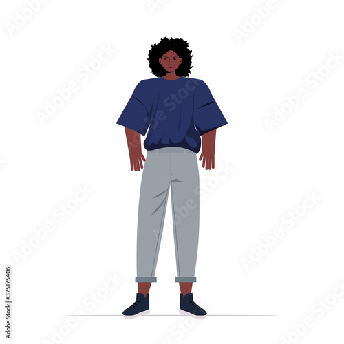 young woman in casual trendy clothes african american female cartoon character standing pose full length vector illustration