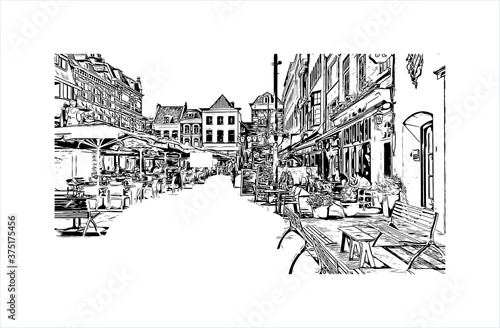 Building view with landmark of Arnhem is a city and municipality situated in the eastern part of the Netherlands. Hand drawn sketch illustration in vector.