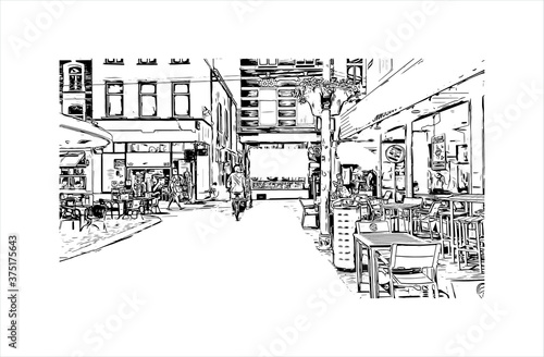 Building view with landmark of Arnhem is a city and municipality situated in the eastern part of the Netherlands. Hand drawn sketch illustration in vector.